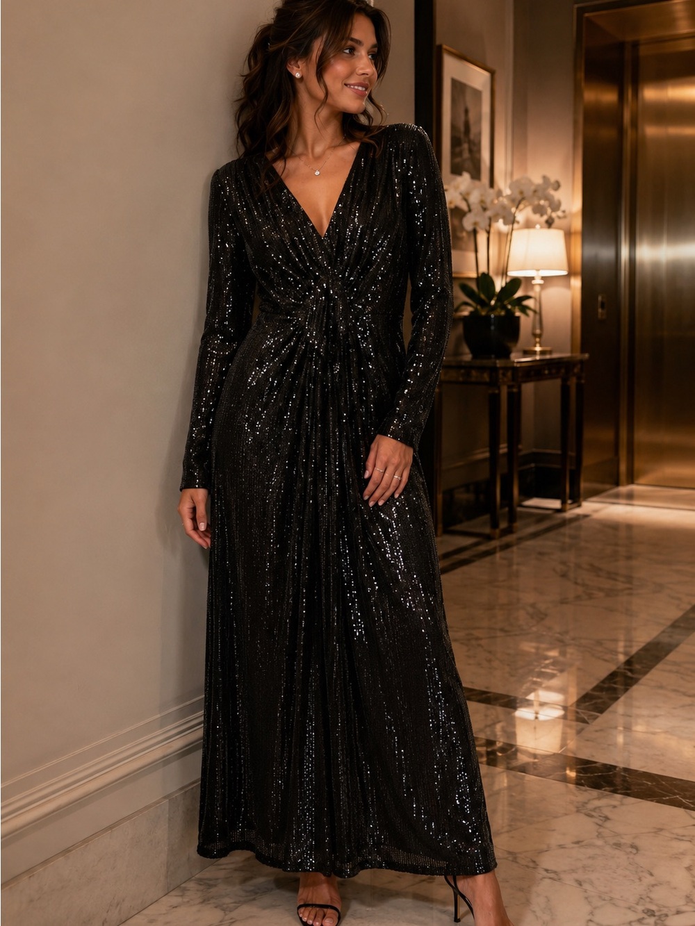 Nanette Lepore Black Sequin Maxi Dress size 8 Long sleeve V-neck Evening Formal